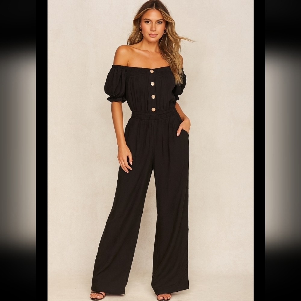 Sancia Button Front Off The Shoulder Jumpsuit Size XS Black Revolve